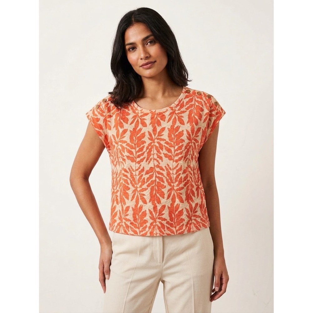 Rachel Zoe Linen Blend Coral Leaf Print Button Shoulder Top XL